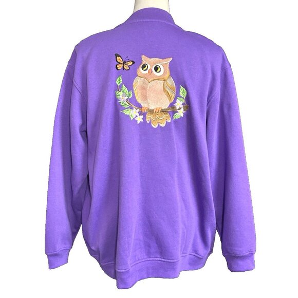 Tudor Court Sweaters - Vintage Tudor Court Women Large Fleece Jacket Embroidered Owls Purple Pockets